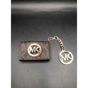 Michael Kors MK Logo Leather Card Case Wallet Brown With MK Pattern 2 Slots